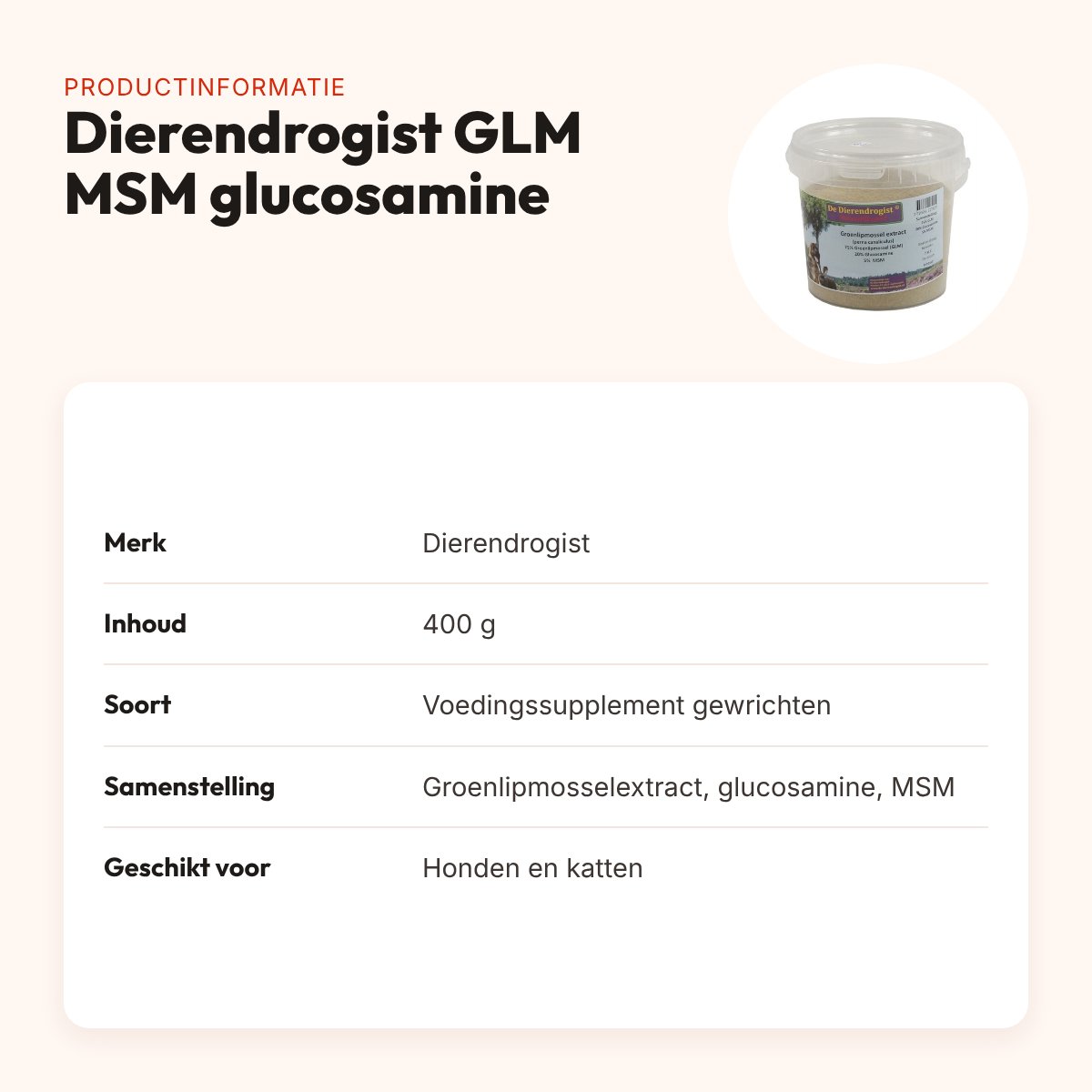 Dierendrogist GLM MSM glucosamine 400 g – gewrichten, hond en kat – productinformatie