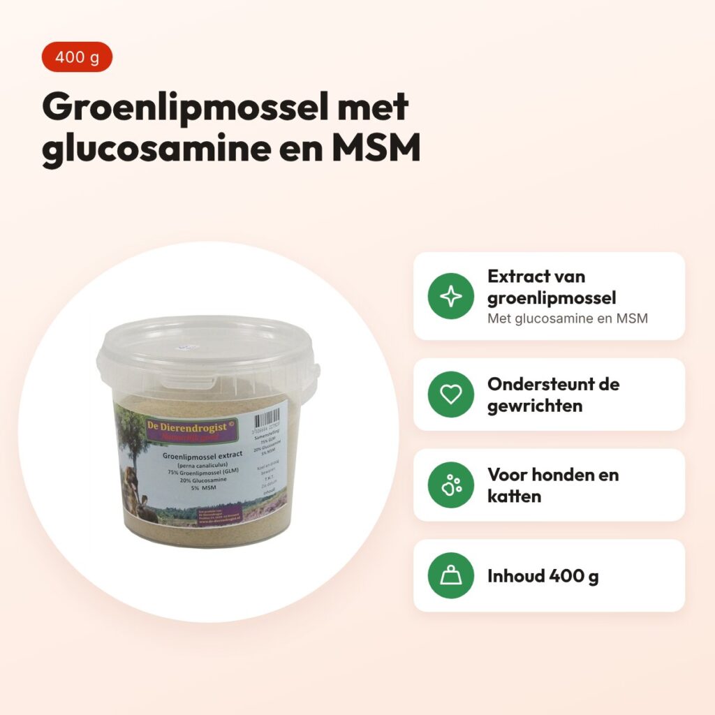 Dierendrogist GLM MSM glucosamine 400 g – gewrichten, hond en kat – voordelen