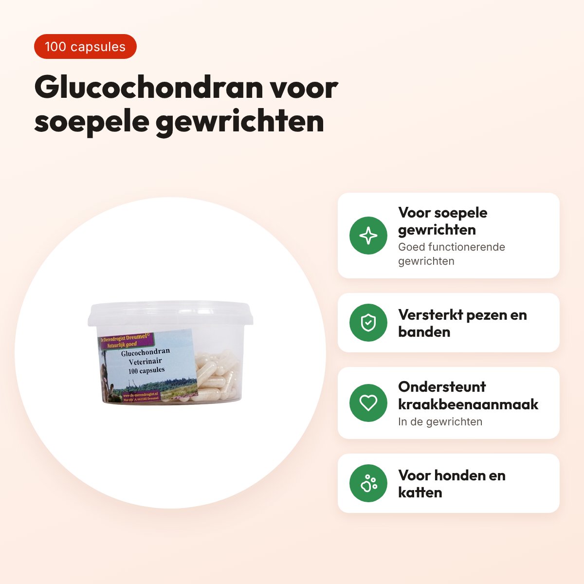 Dierendrogist Glucochondran capsules 100 stuks – gewrichten, hond en kat – voordelen