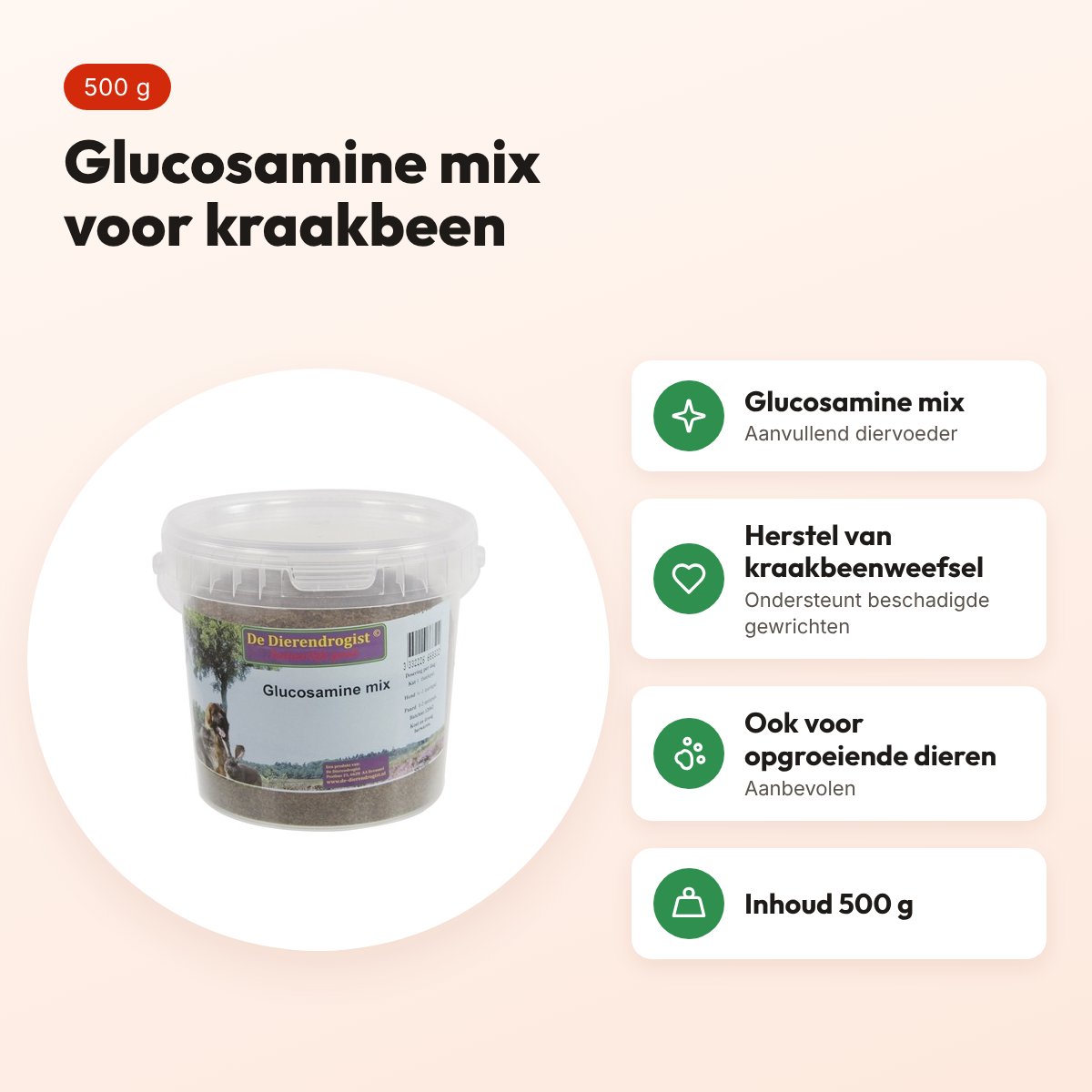 Dierendrogist glucosamine mix 500 g – hond, kat en paard – voordelen