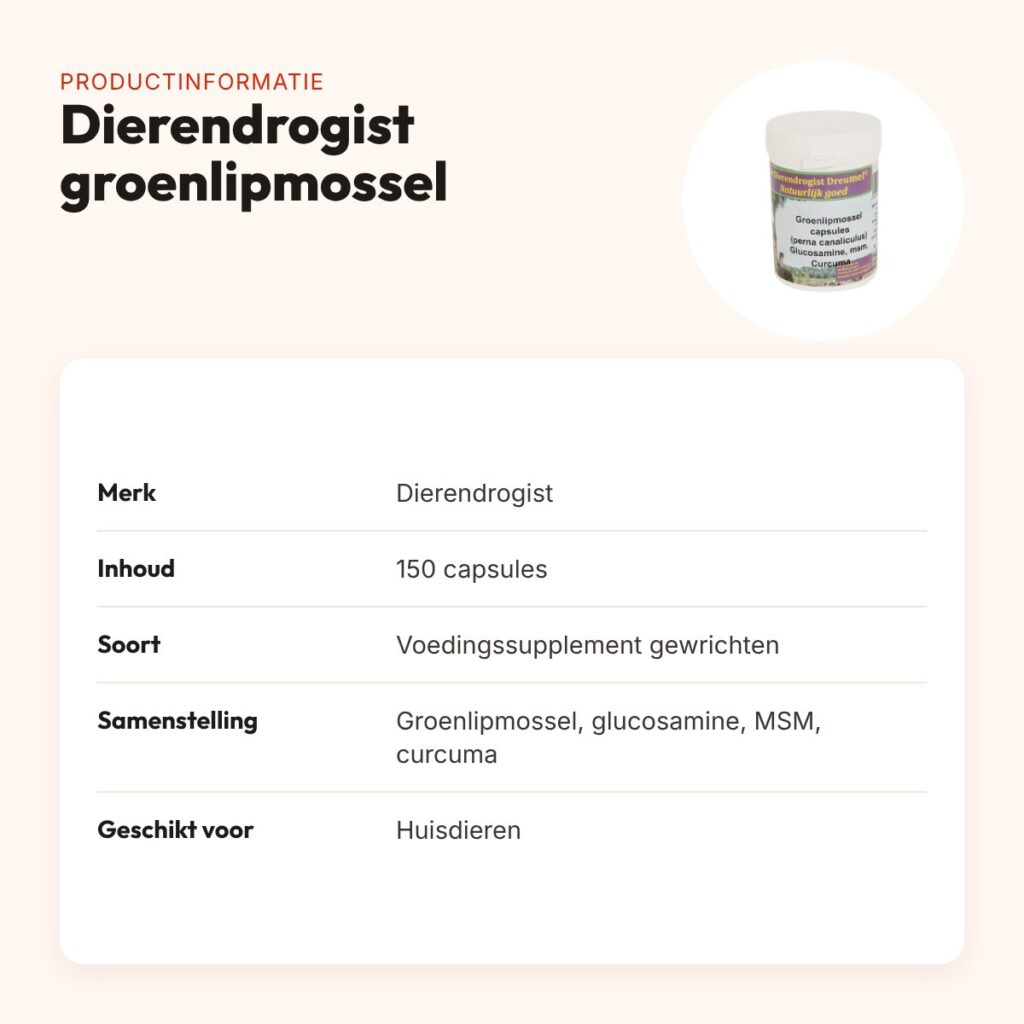 Dierendrogist groenlipmossel met glucosamine, MSM en curcuma 150 stuks – productinformatie