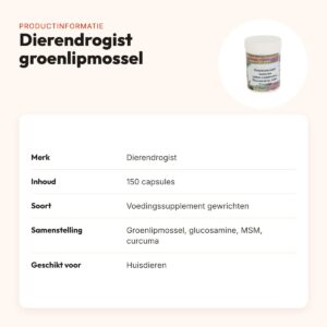 Dierendrogist groenlipmossel met glucosamine, MSM en curcuma 150 stuks – productinformatie