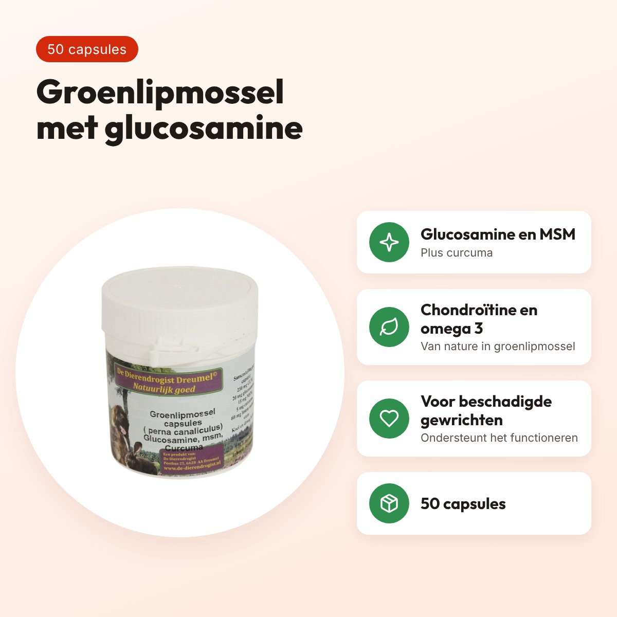 Dierendrogist groenlipmossel met glucosamine, MSM en curcuma 50 stuks – voordelen
