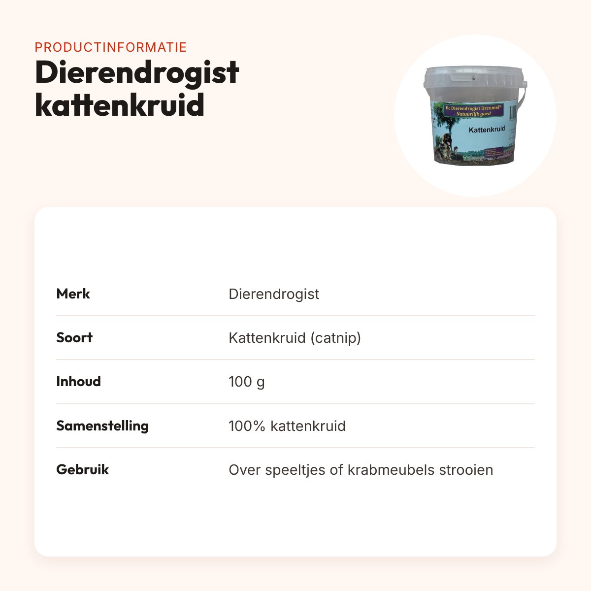 Dierendrogist kattenkruid 100 g – emmertje catnip – productinformatie