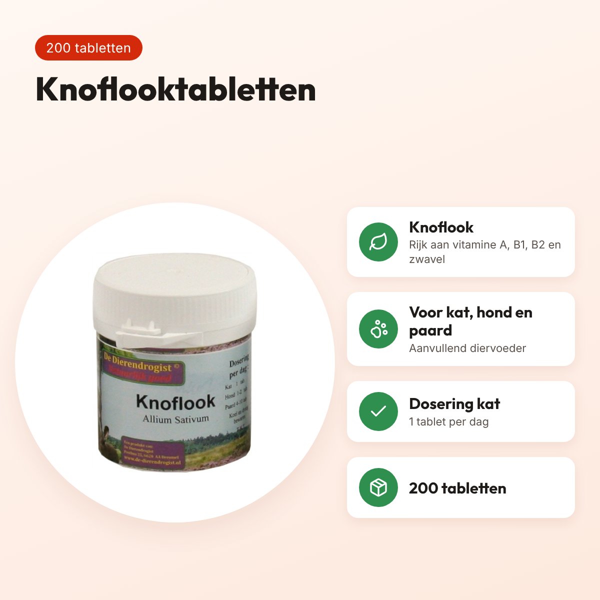 Dierendrogist knoflooktabletten 200 stuks – kat, hond en paard – voordelen