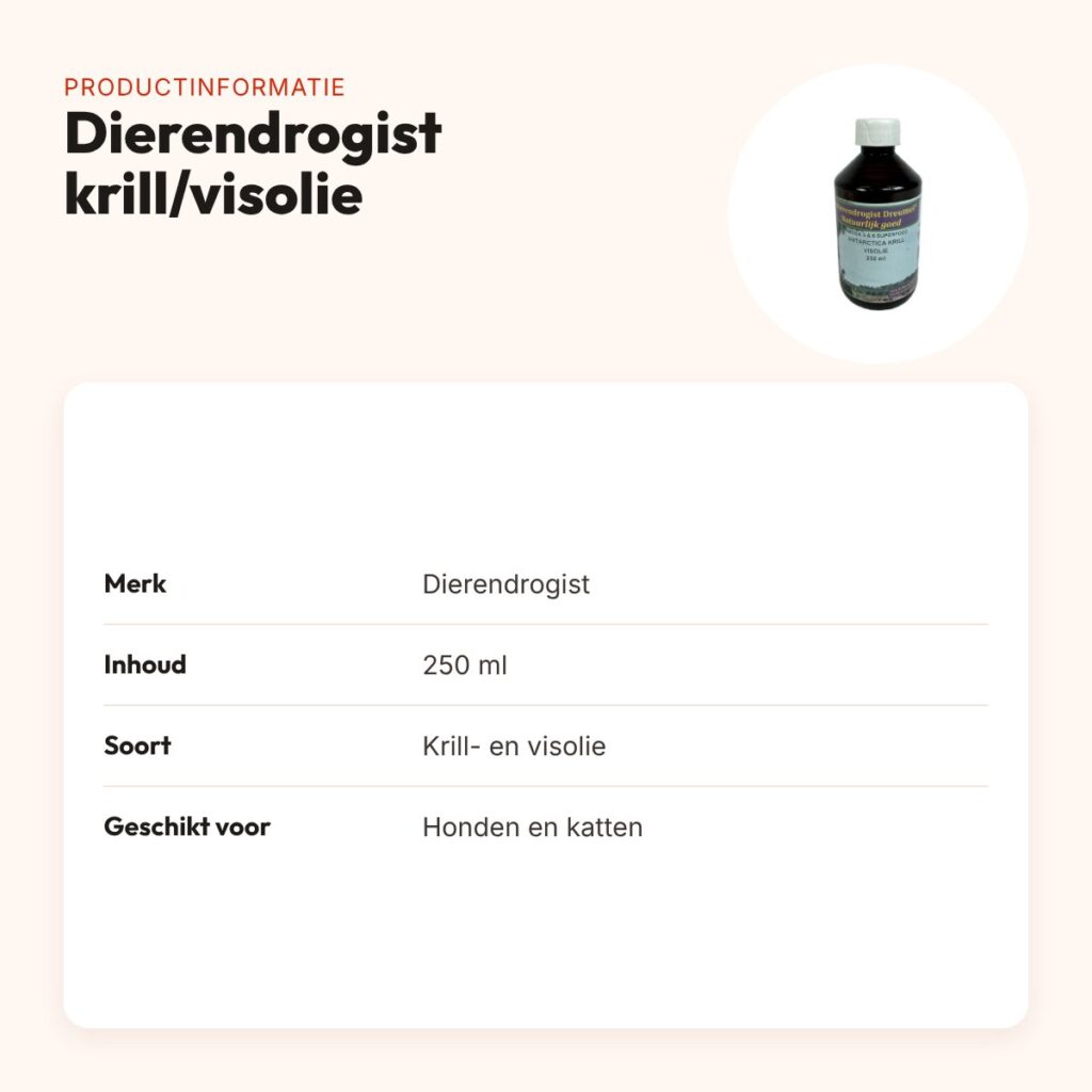 Dierendrogist krill/visolie 250 ml – omega 3 en 6, hond en kat – productinformatie