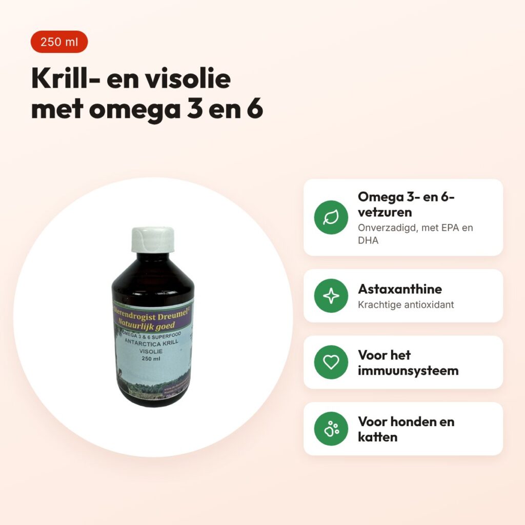 Dierendrogist krill/visolie 250 ml – omega 3 en 6, hond en kat – voordelen