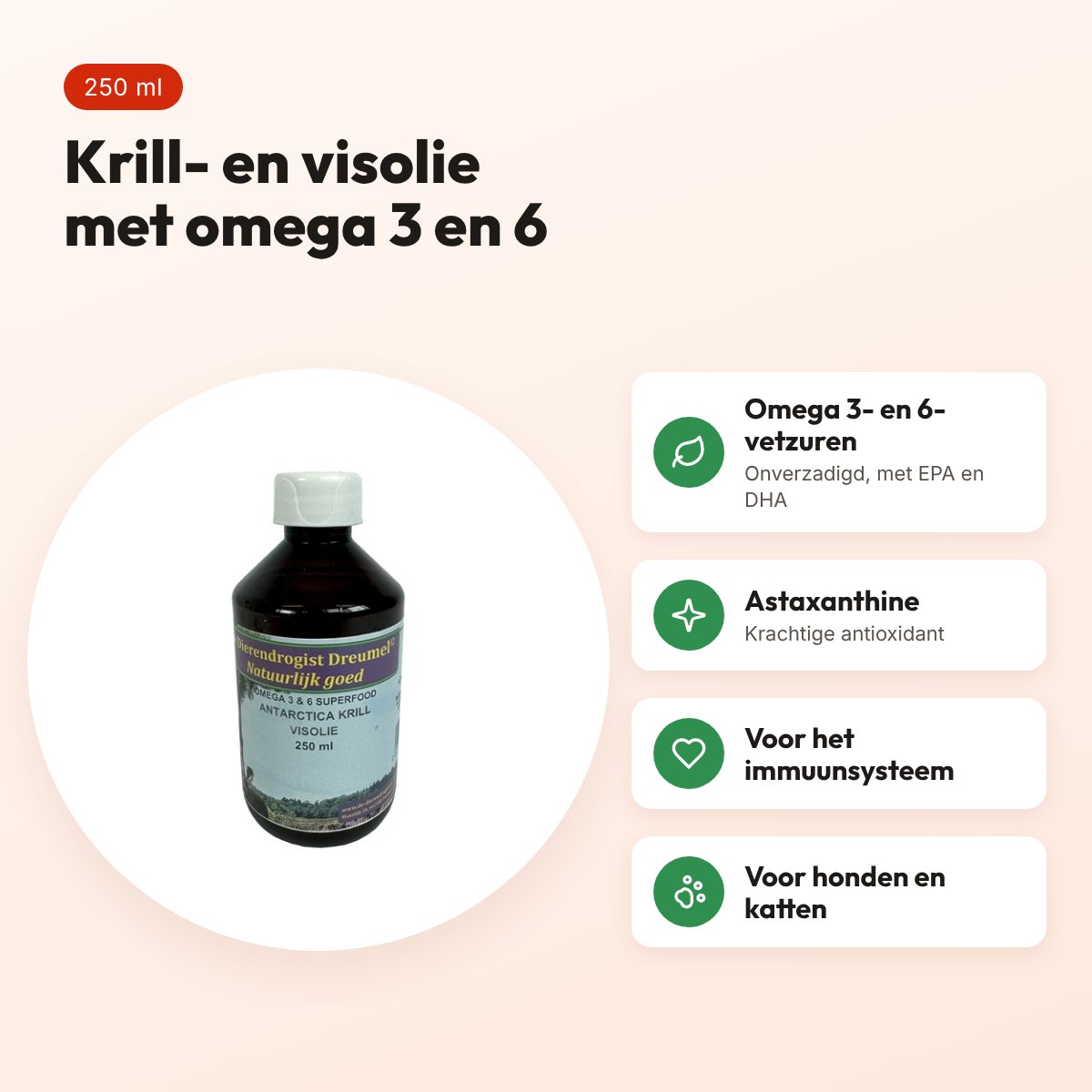 Dierendrogist krill/visolie 250 ml – omega 3 en 6, hond en kat – voordelen