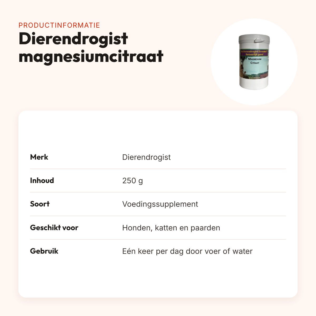 Dierendrogist magnesiumcitraat 250 g – hond, kat en paard – productinformatie