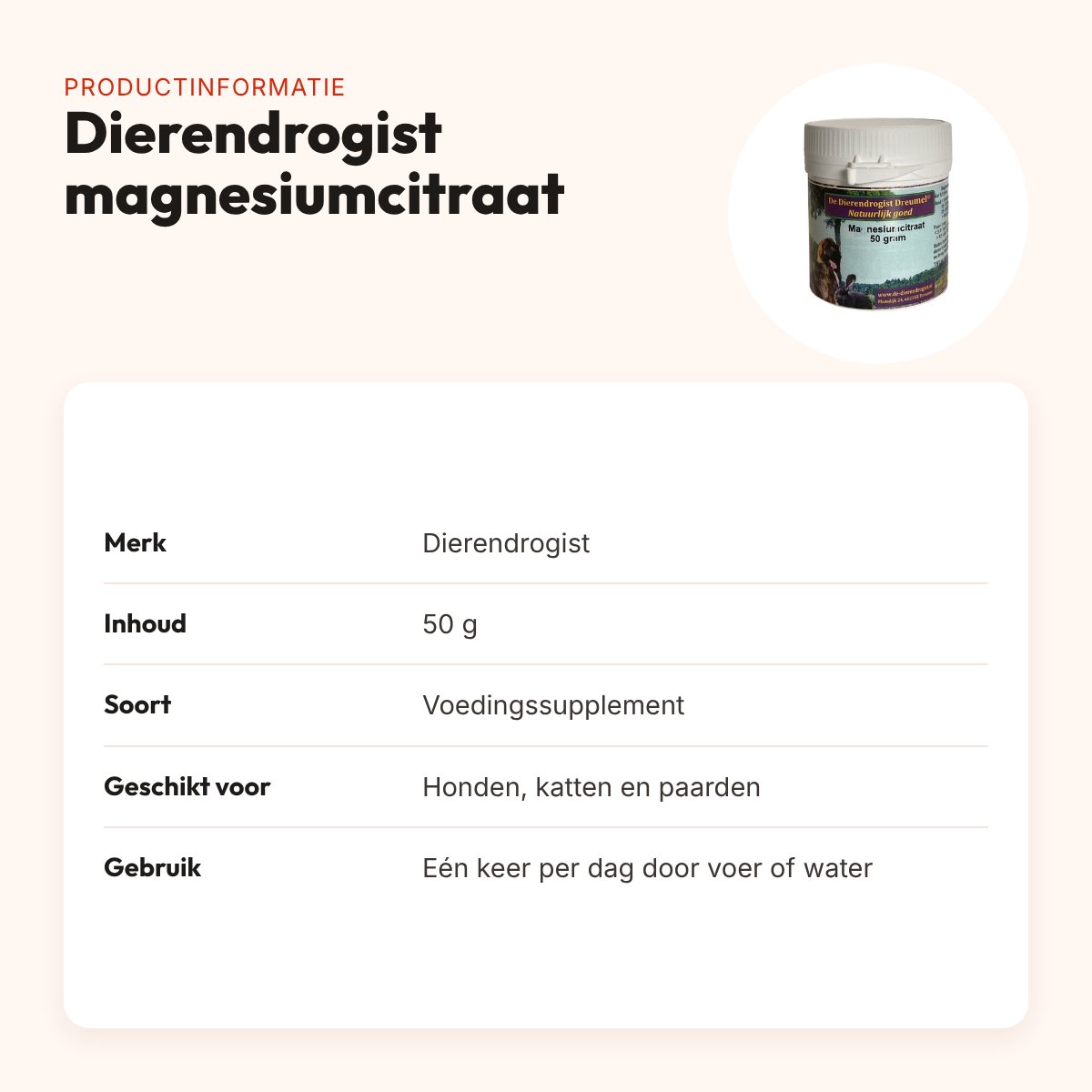 Dierendrogist magnesiumcitraat 50 g – hond, kat en paard – productinformatie