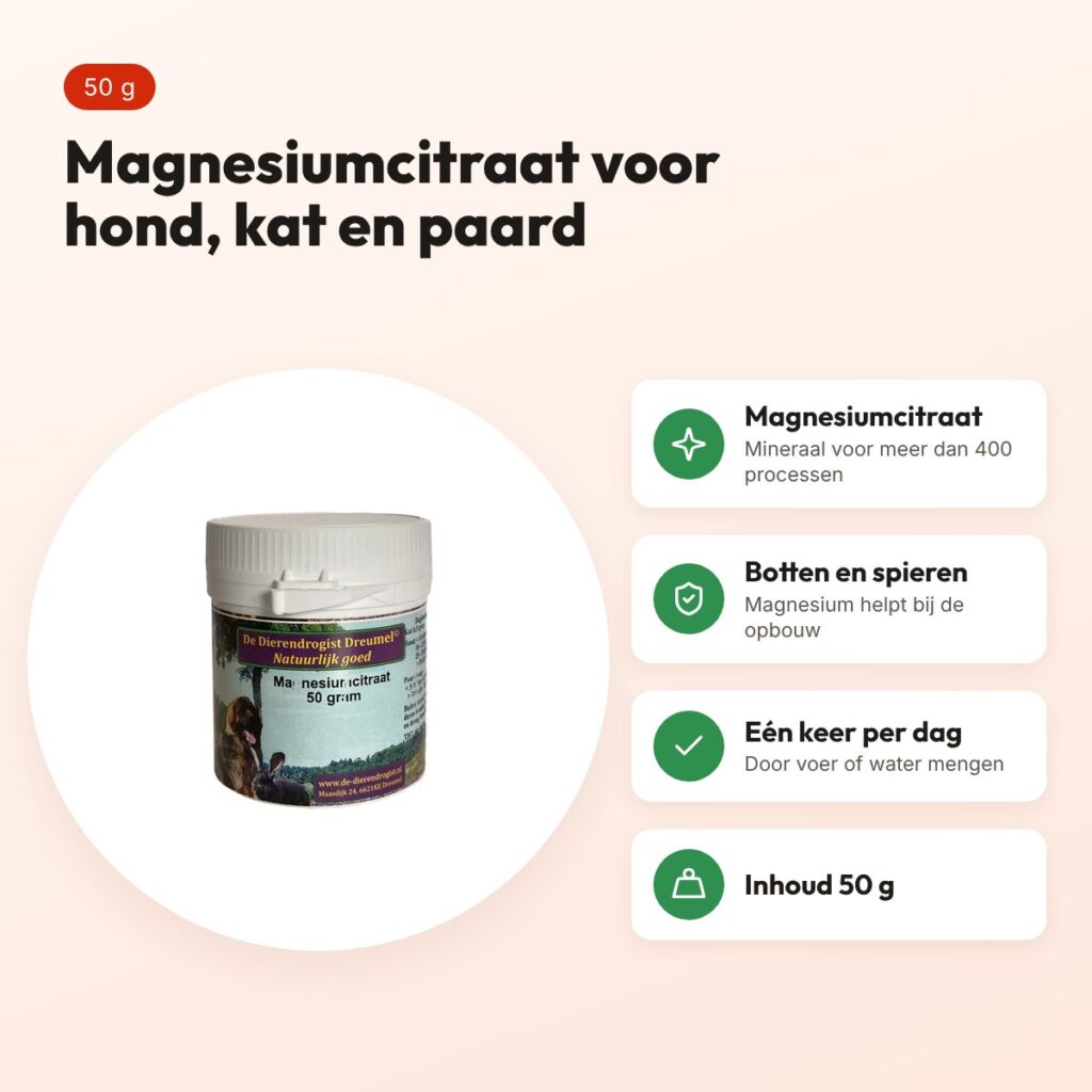 Dierendrogist magnesiumcitraat 50 g – hond, kat en paard – voordelen