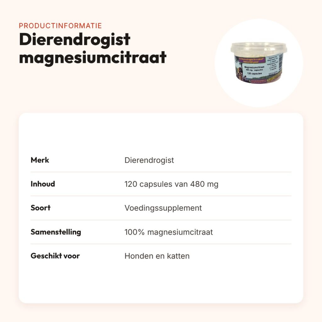 Dierendrogist magnesiumcitraat capsules 480 mg 120 stuks – hond en kat – productinformatie