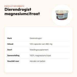 Dierendrogist magnesiumcitraat capsules 480 mg 120 stuks – hond en kat – productinformatie
