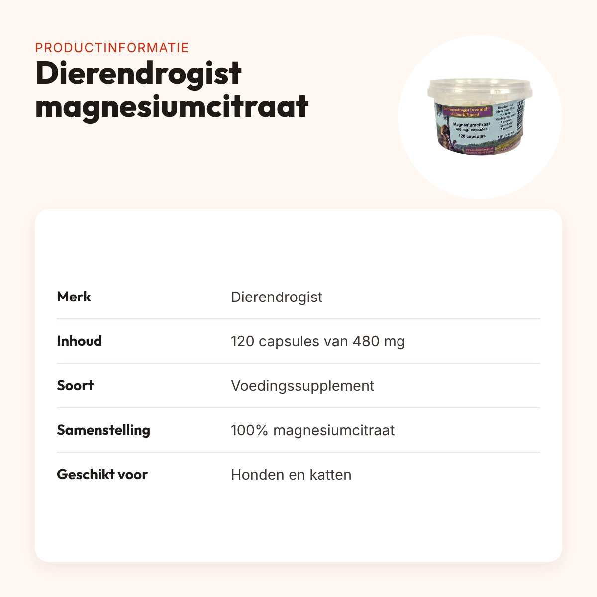 Dierendrogist magnesiumcitraat capsules 480 mg 120 stuks – hond en kat – productinformatie