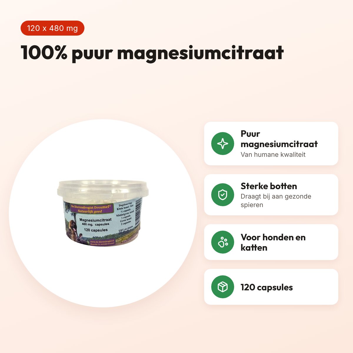 Dierendrogist magnesiumcitraat capsules 480 mg 120 stuks – hond en kat – voordelen