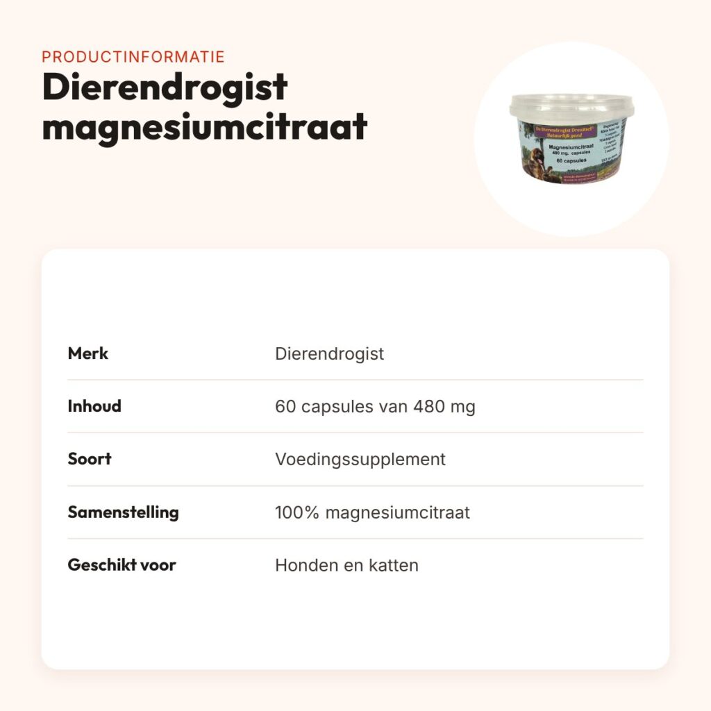 Dierendrogist magnesiumcitraat capsules 480 mg 60 stuks – hond en kat – productinformatie