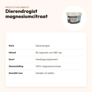 Dierendrogist magnesiumcitraat capsules 480 mg 60 stuks – hond en kat – productinformatie