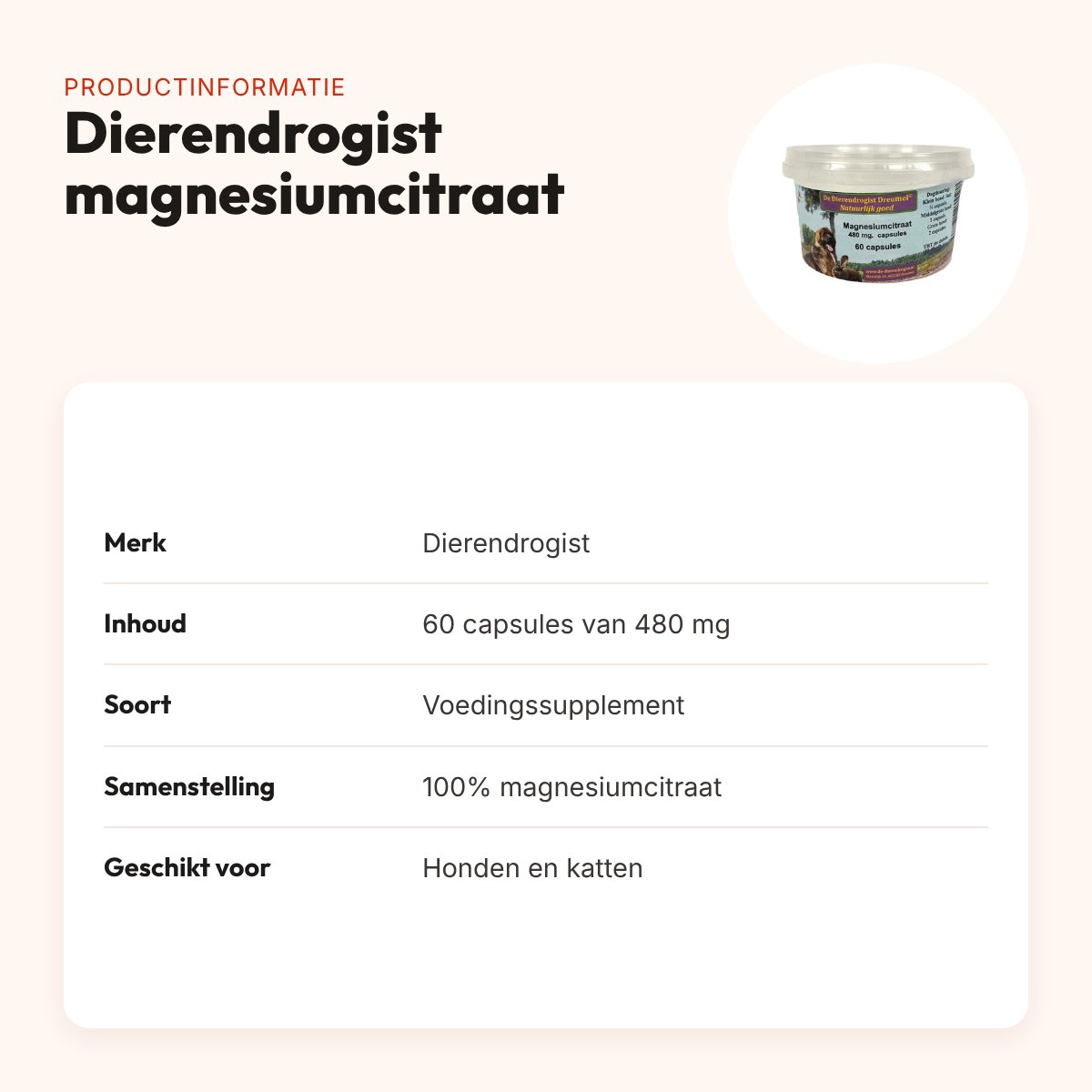 Dierendrogist magnesiumcitraat capsules 480 mg 60 stuks – hond en kat – productinformatie