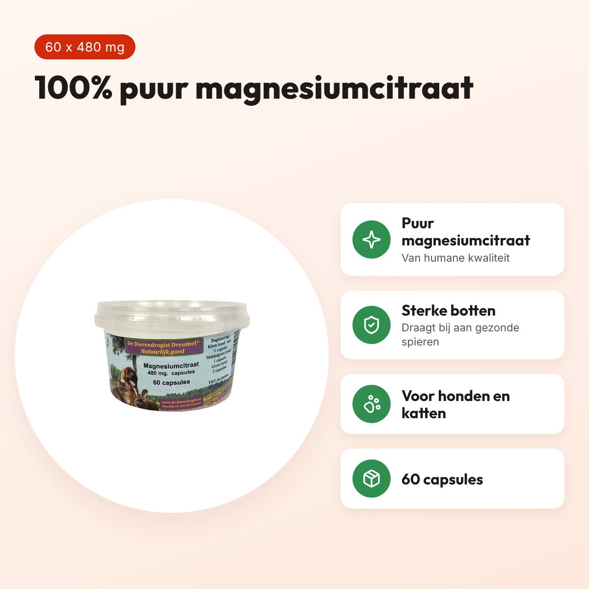 Dierendrogist magnesiumcitraat capsules 480 mg 60 stuks – hond en kat – voordelen