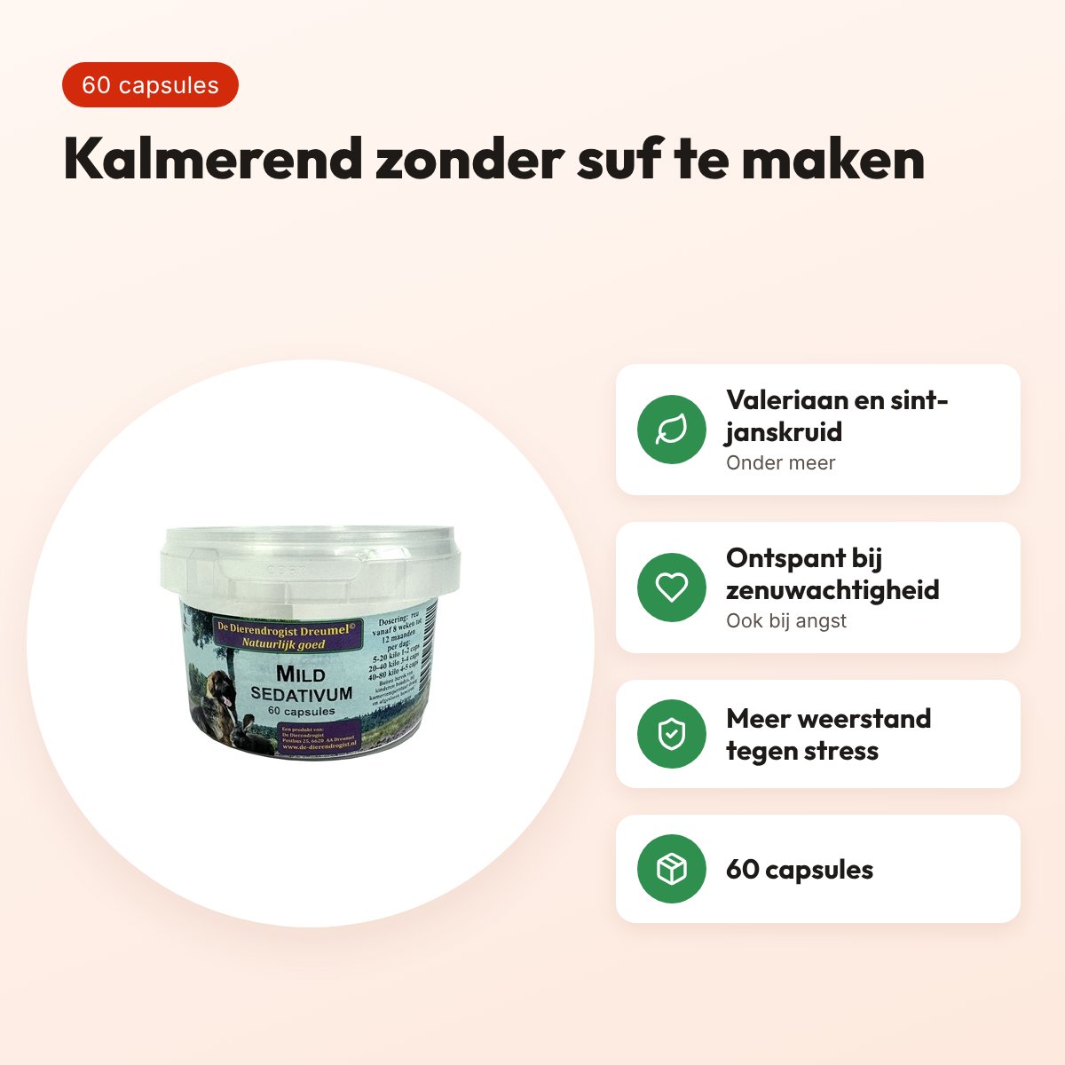 Dierendrogist mild sedativum capsules 60 stuks – kalmerend, hond – voordelen