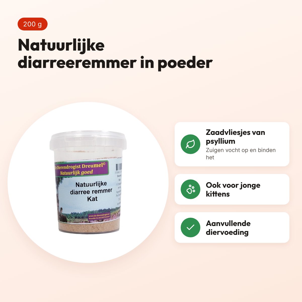 Dierendrogist natuurlijke diarreeremmer kat 200 g – voedingssupplement – voordelen