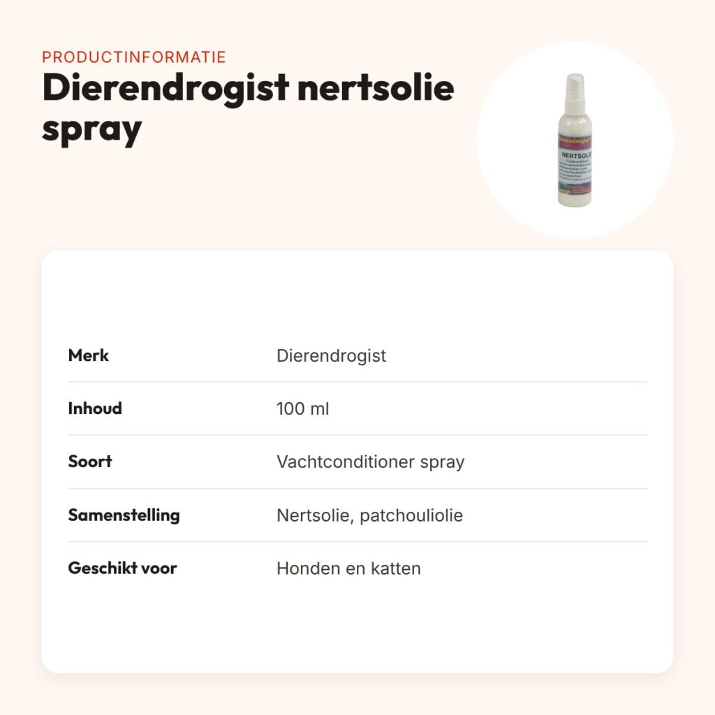 Dierendrogist nertsolie vachtconditioner spray 100 ml – hond en kat – productinformatie