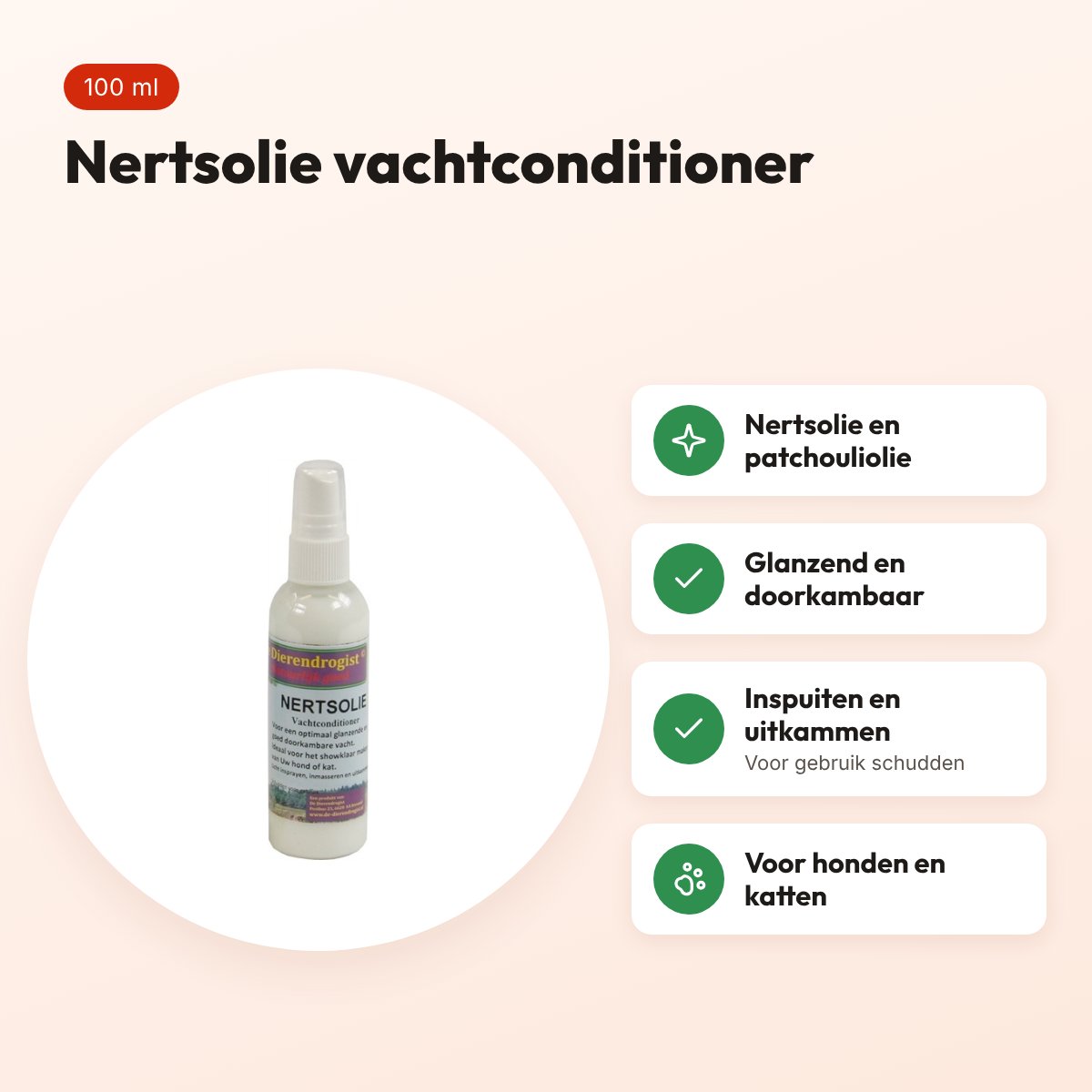 Dierendrogist nertsolie vachtconditioner spray 100 ml – hond en kat – voordelen