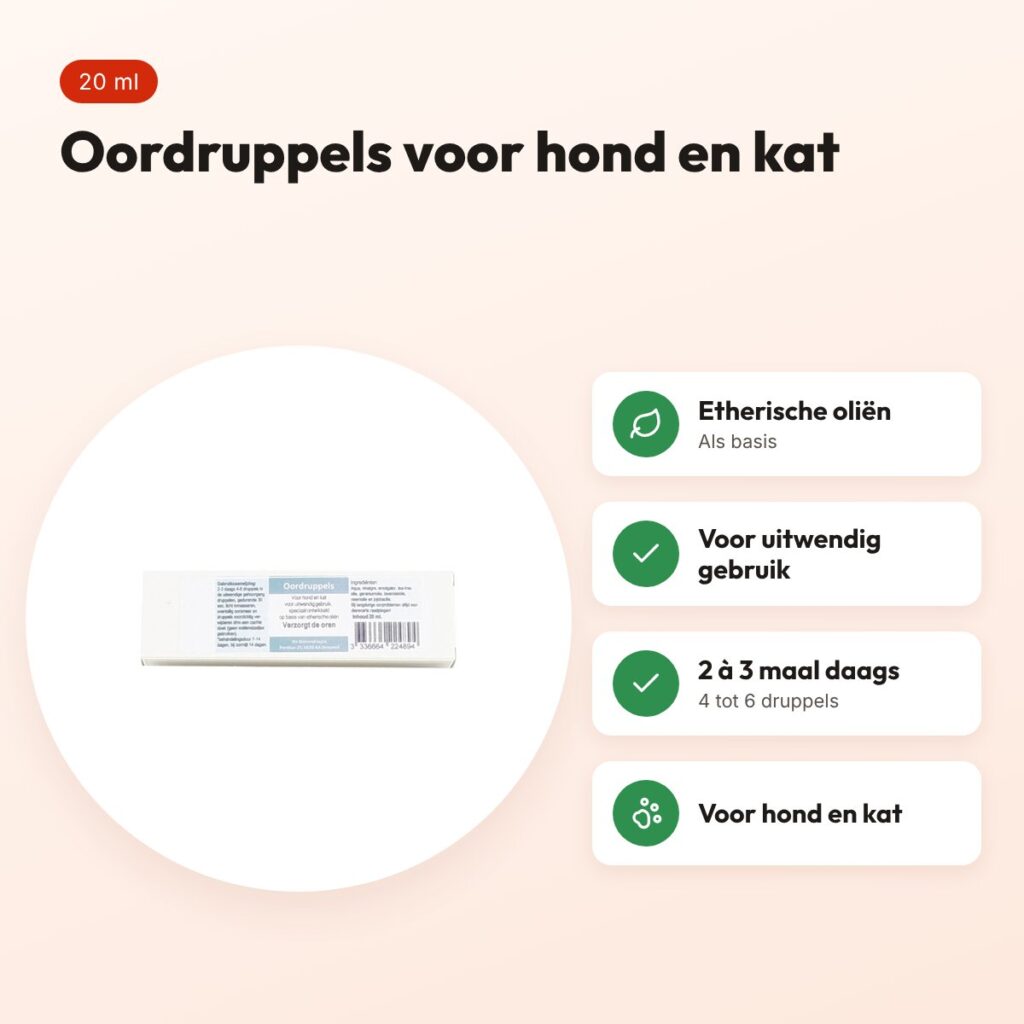 Dierendrogist oordruppels voor hond en kat 20 ml – etherische oliën – voordelen