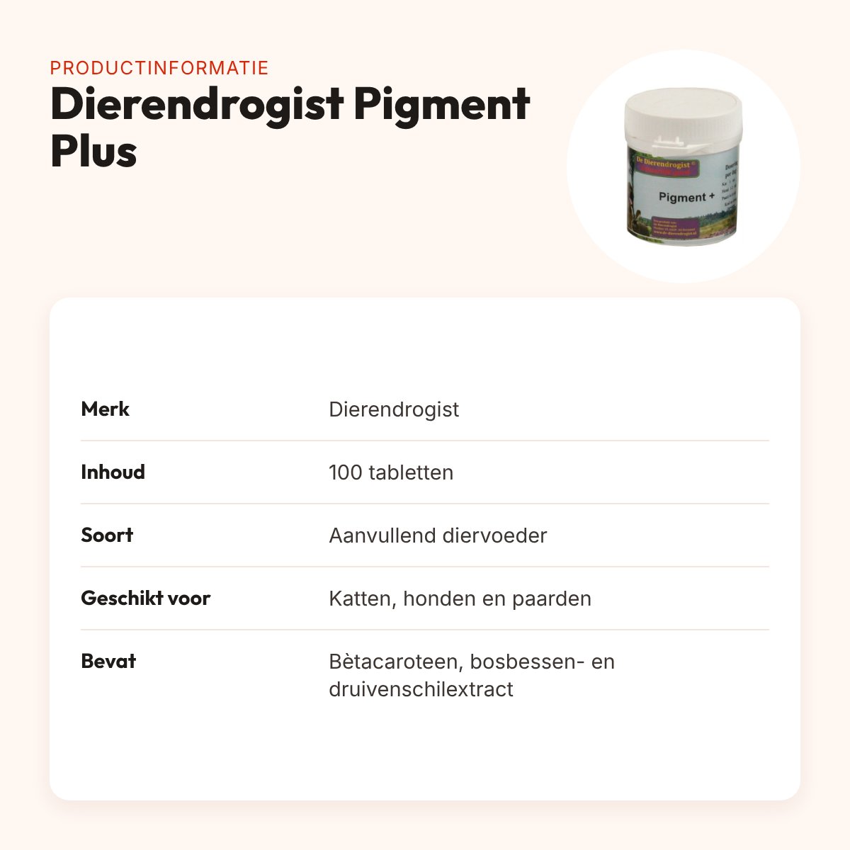Dierendrogist Pigment Plus 100 tabletten – voedingssupplement – productinformatie