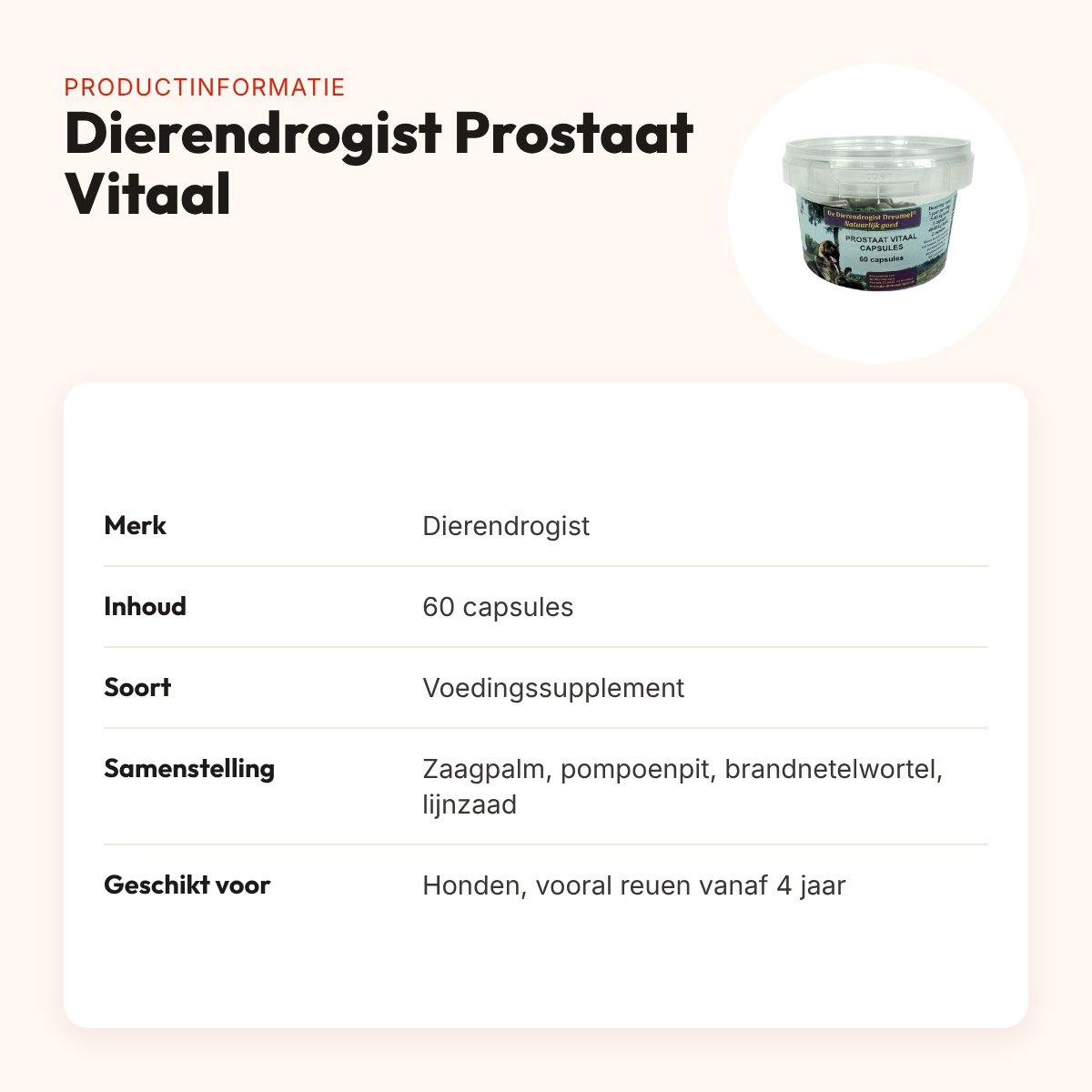 Dierendrogist Prostaat Vitaal capsules 60 stuks – voor reuen – productinformatie