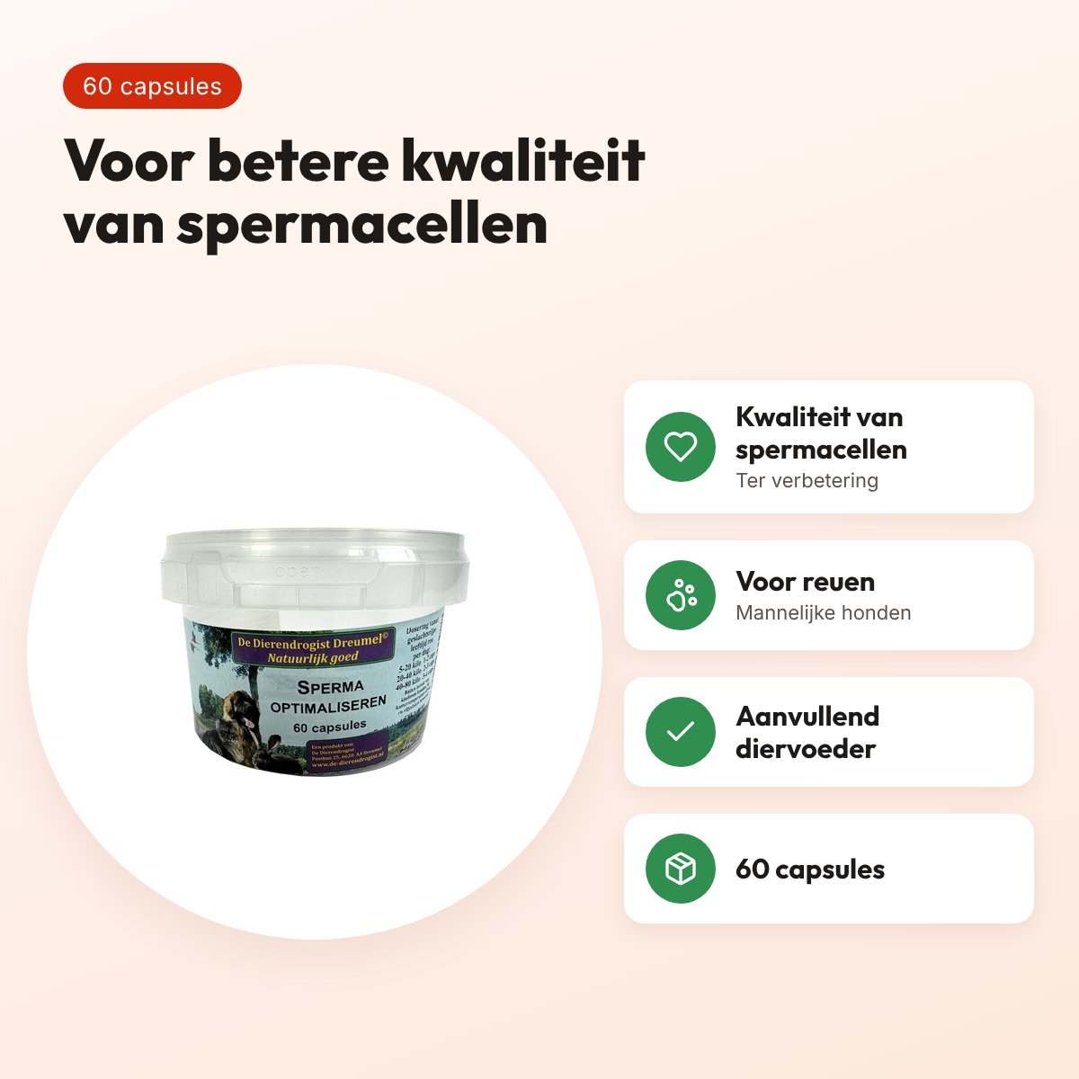 Dierendrogist sperma optimaliseren capsules 60 stuks – voor reuen – voordelen