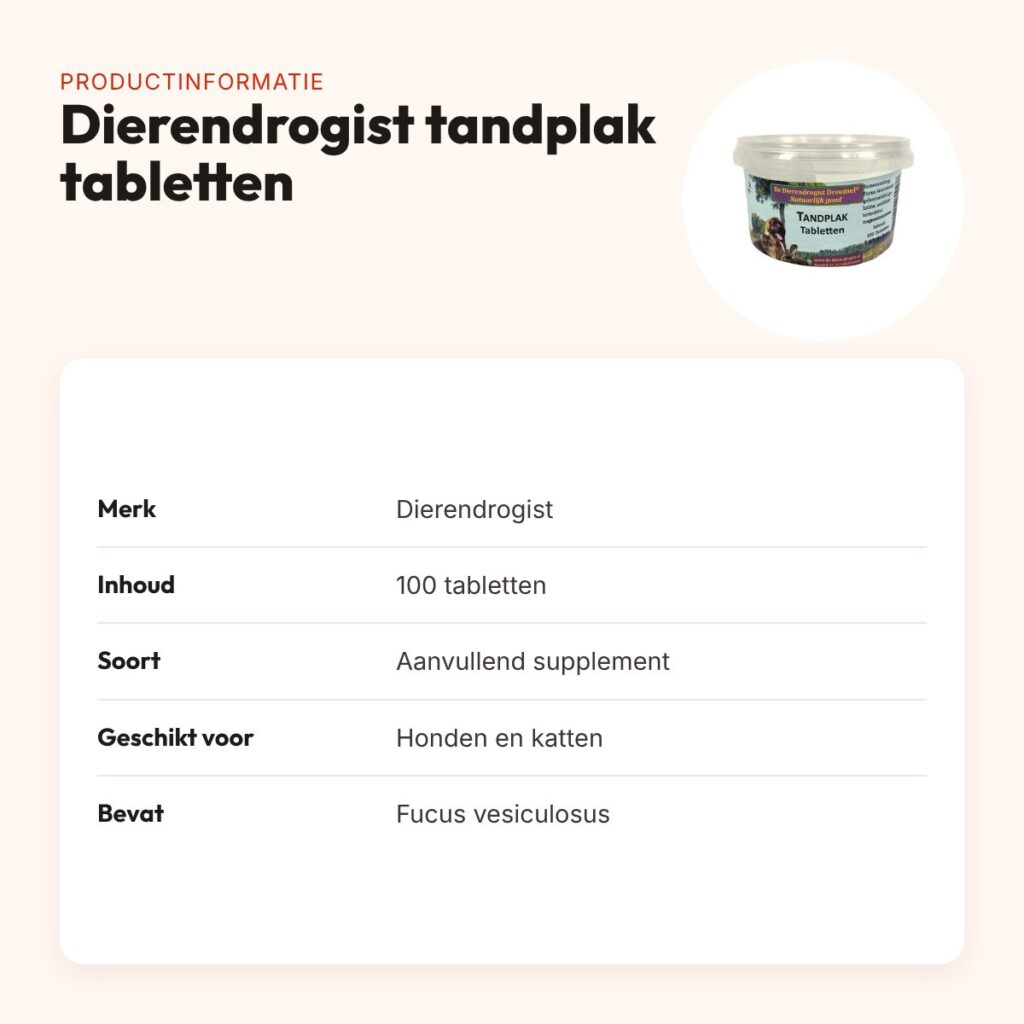 Dierendrogist tandplak tabletten 100 stuks – voor hond en kat – productinformatie