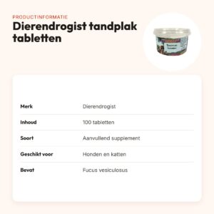 Dierendrogist tandplak tabletten 100 stuks – voor hond en kat – productinformatie