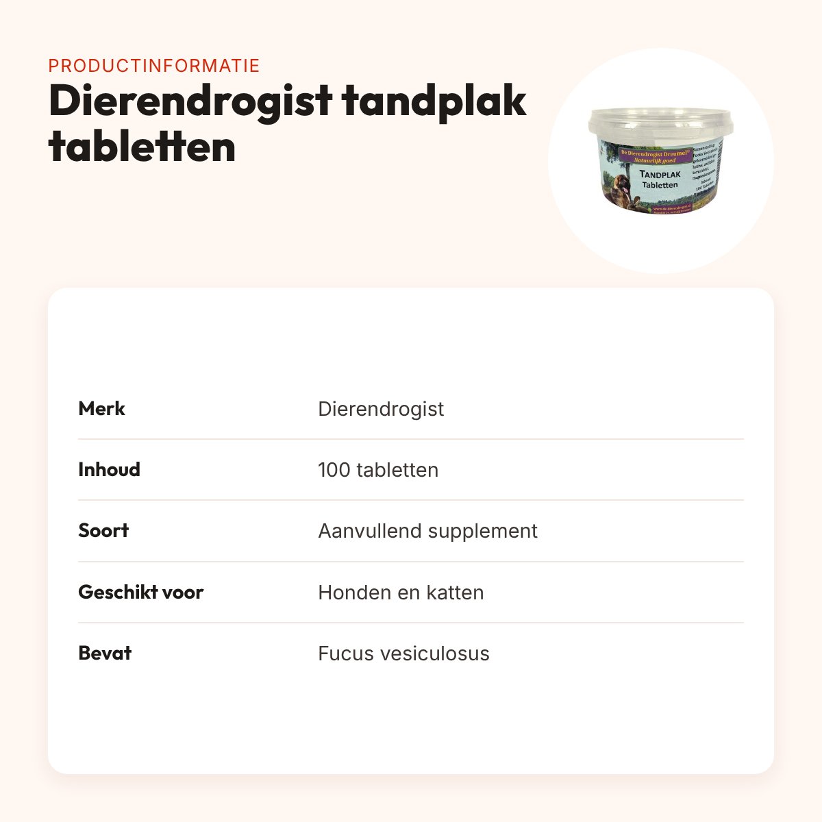 Dierendrogist tandplak tabletten 100 stuks – voor hond en kat – productinformatie