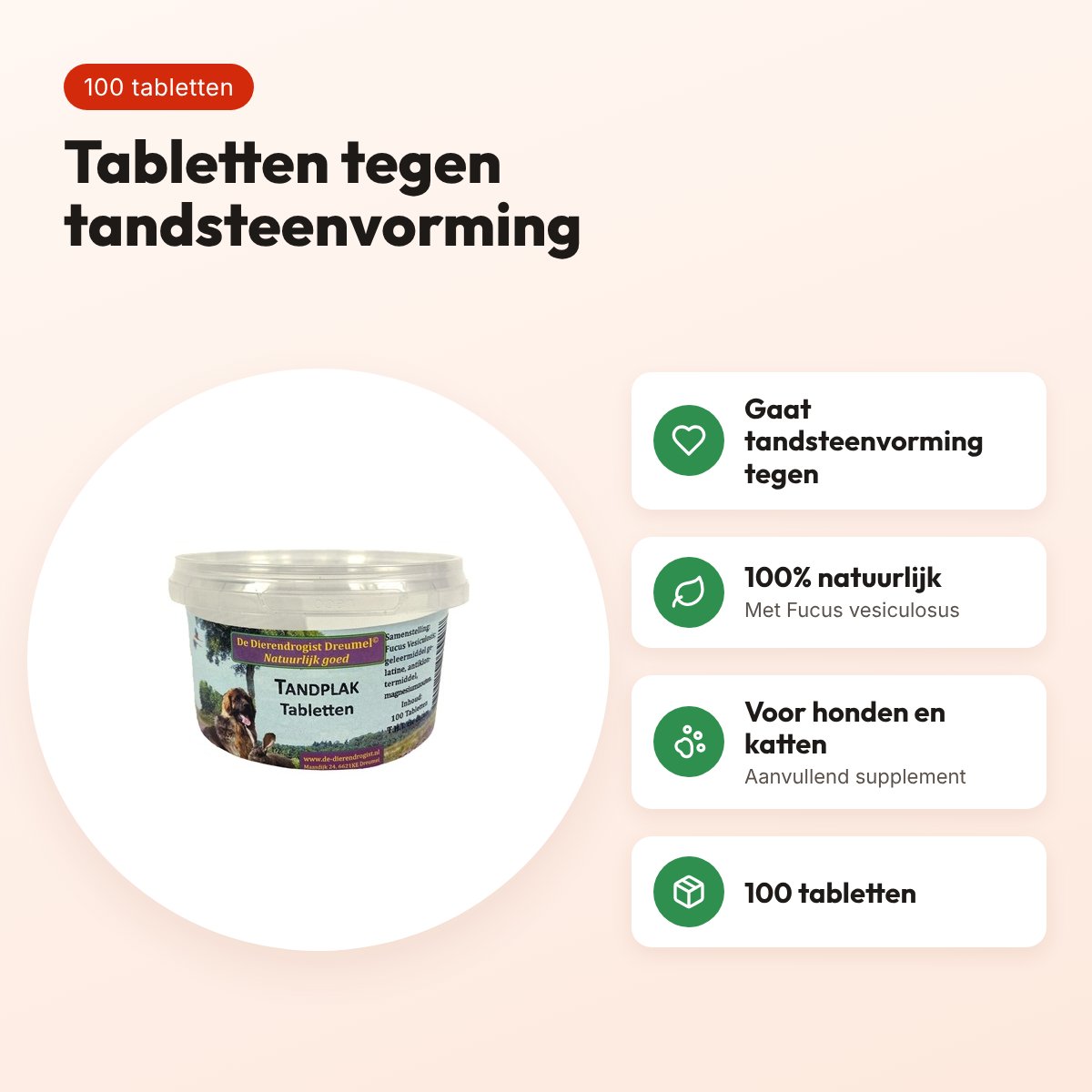 Dierendrogist tandplak tabletten 100 stuks – voor hond en kat – voordelen