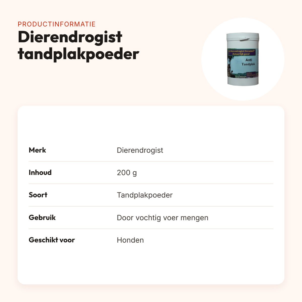 Dierendrogist tandplakpoeder 200 g – tandverzorging voor honden – productinformatie