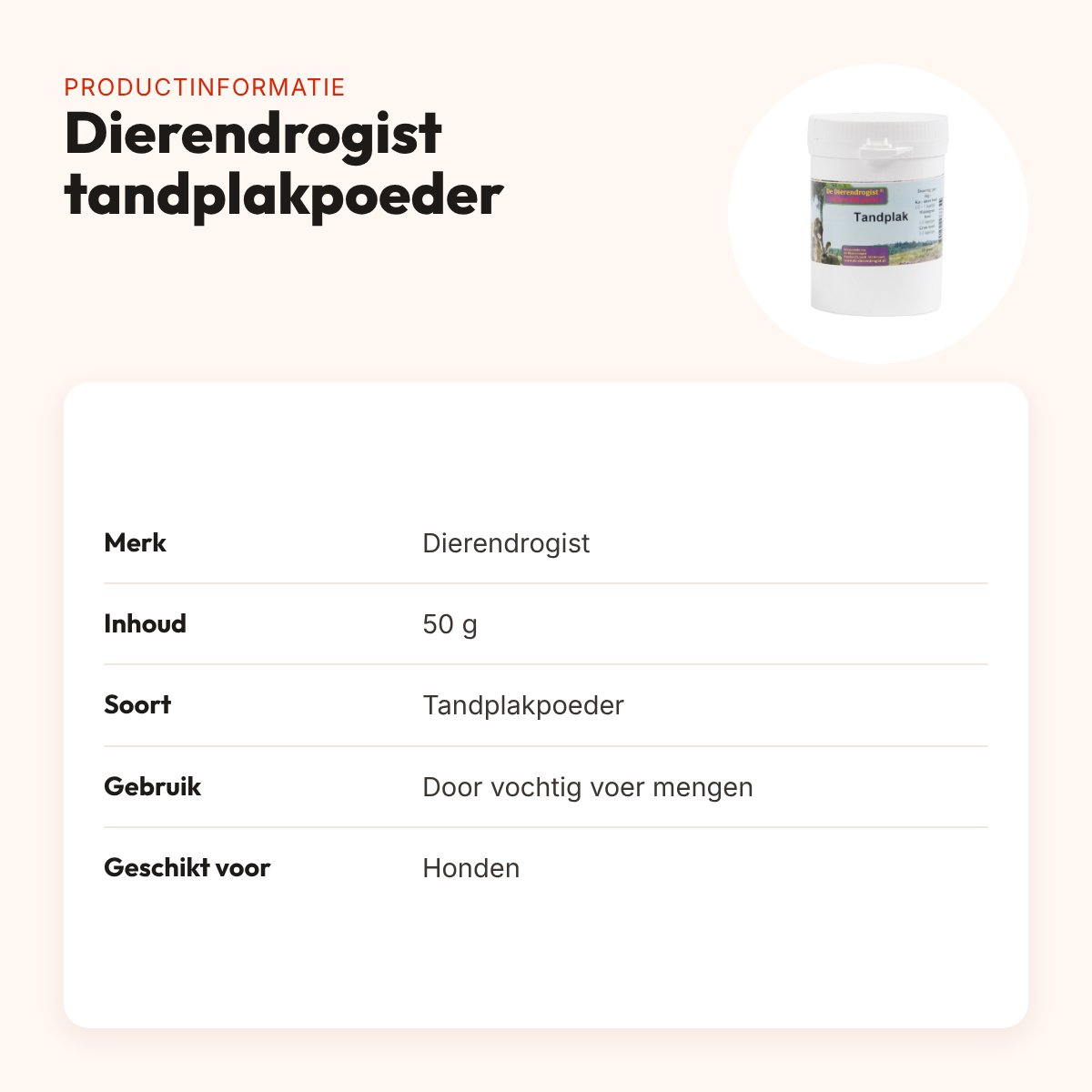 Dierendrogist tandplakpoeder 50 g – tandverzorging voor honden – productinformatie