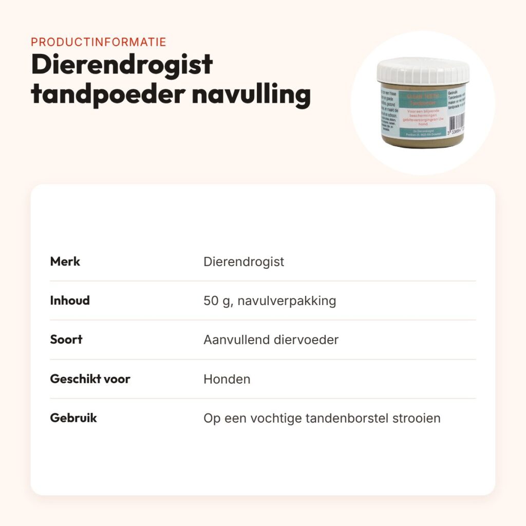 Dierendrogist tandpoeder navulling 50 g – voor honden – productinformatie