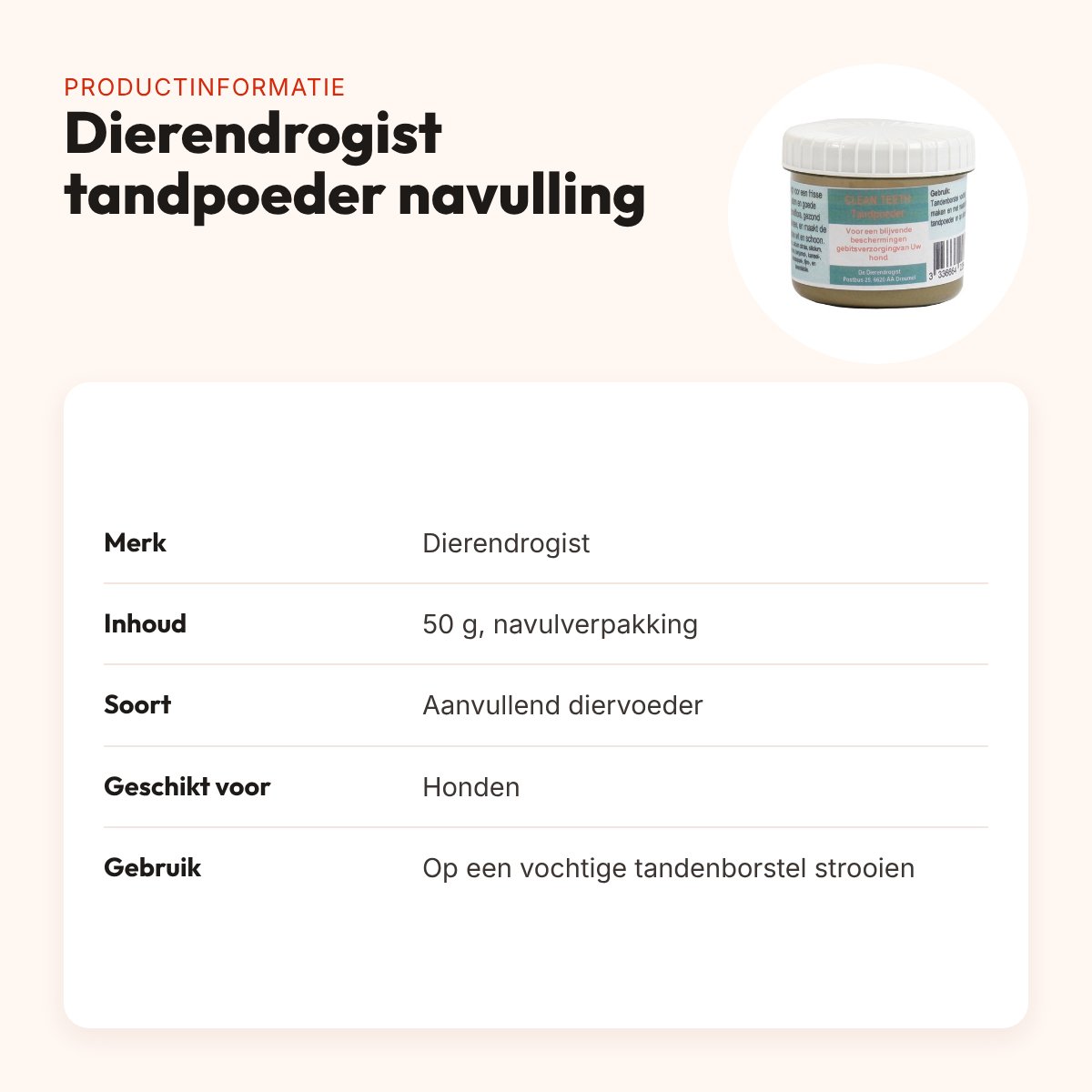 Dierendrogist tandpoeder navulling 50 g – voor honden – productinformatie