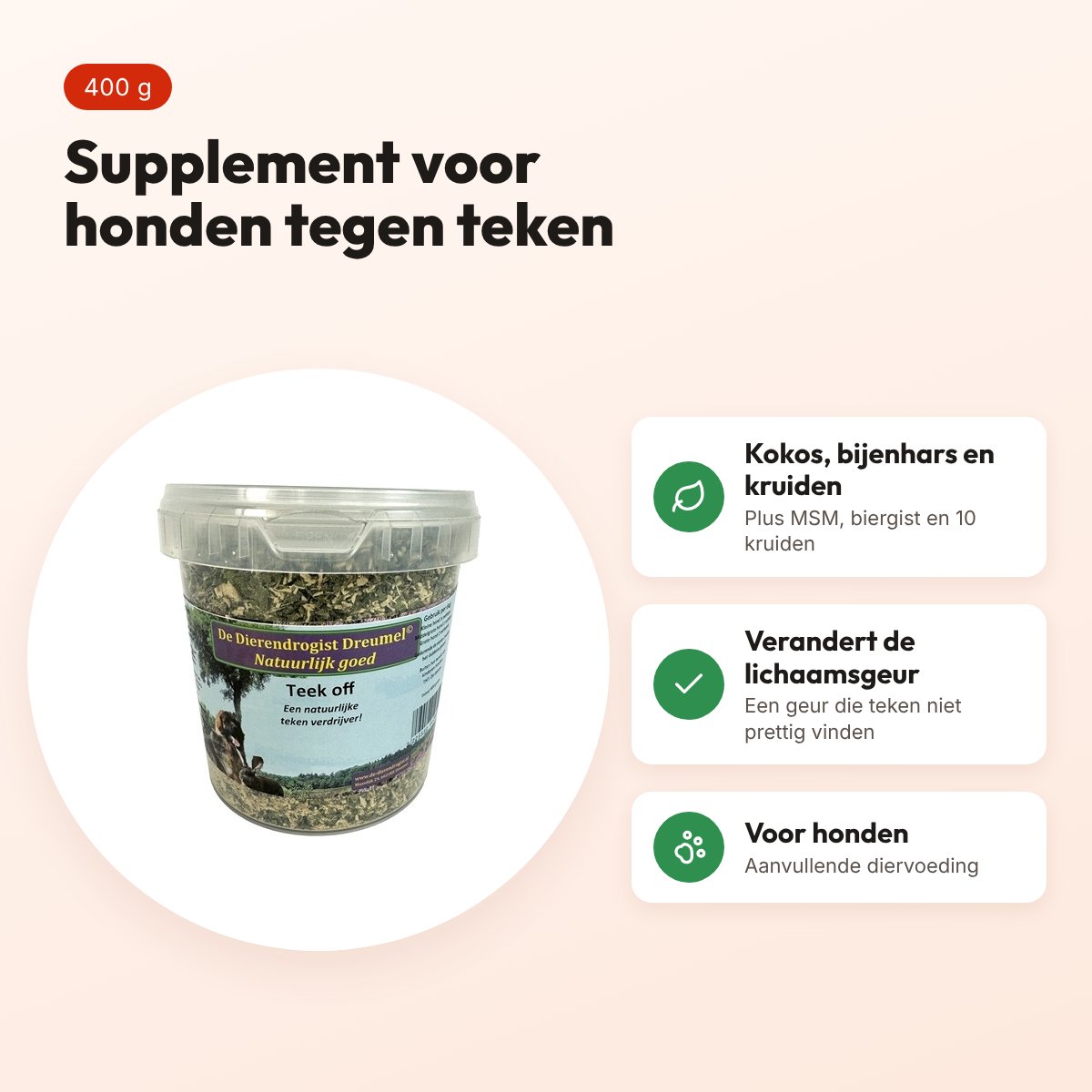 Dierendrogist Teek Off 400 g – voedingssupplement voor honden tegen teken – voordelen
