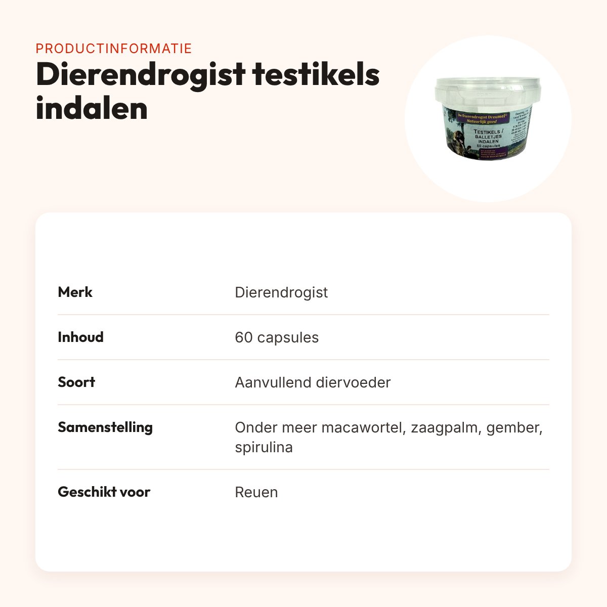Dierendrogist Testikels Indalen 60 capsules – supplement voor reuen – productinformatie