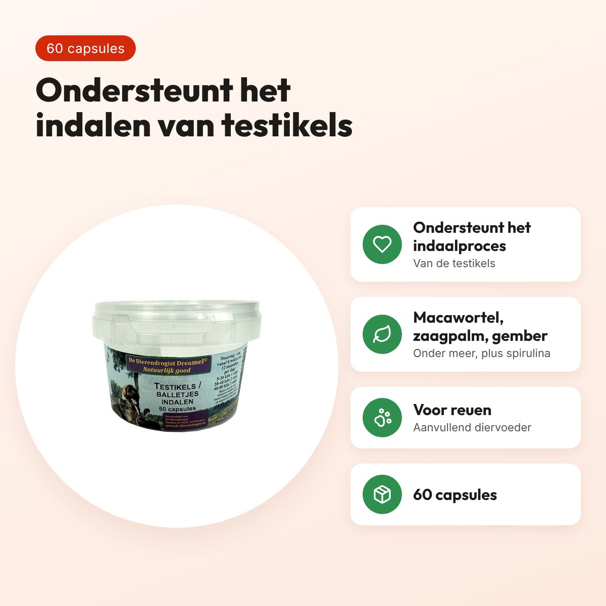 Dierendrogist Testikels Indalen 60 capsules – supplement voor reuen – voordelen