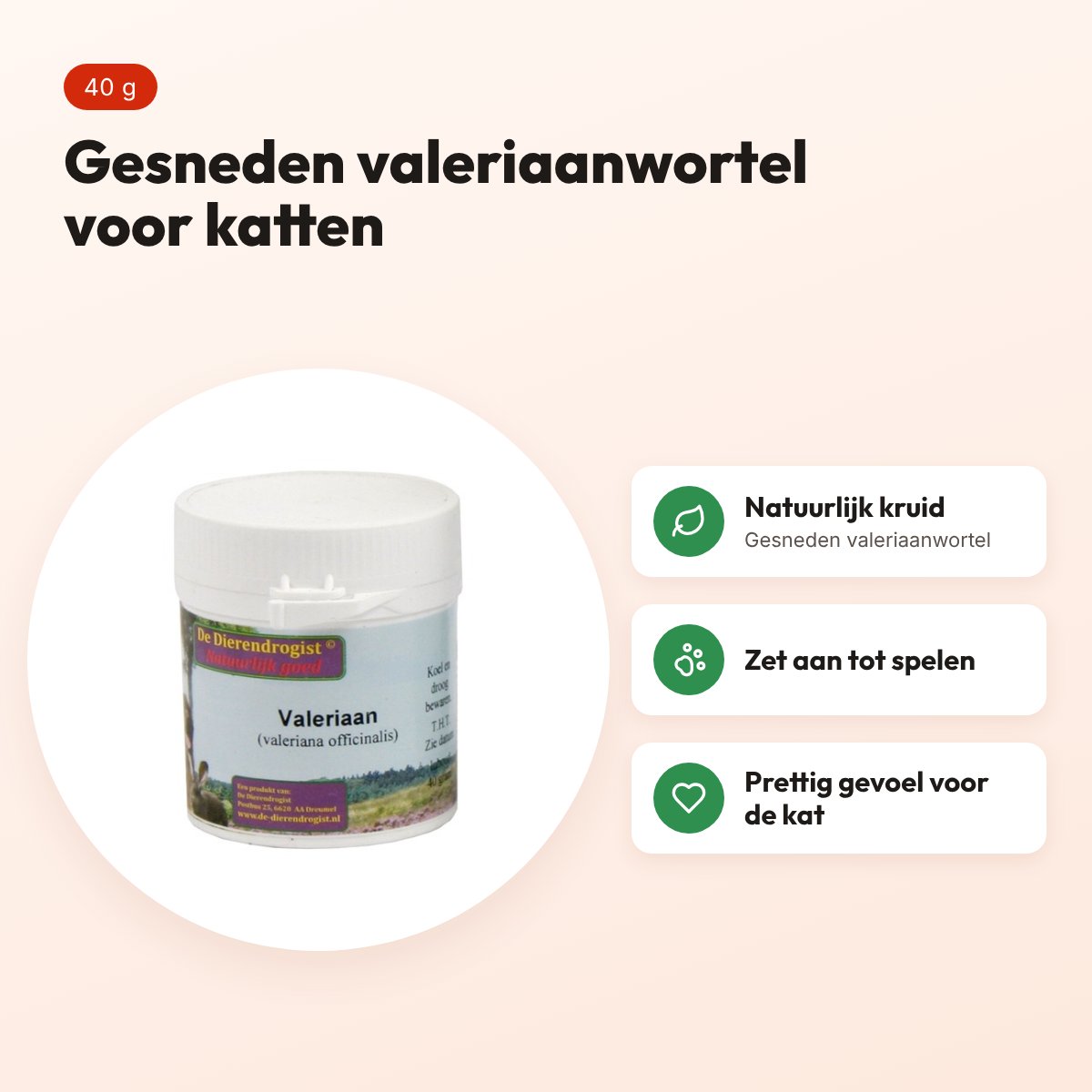 Dierendrogist valeriaan 40 g – gesneden valeriaanwortel voor katten – voordelen