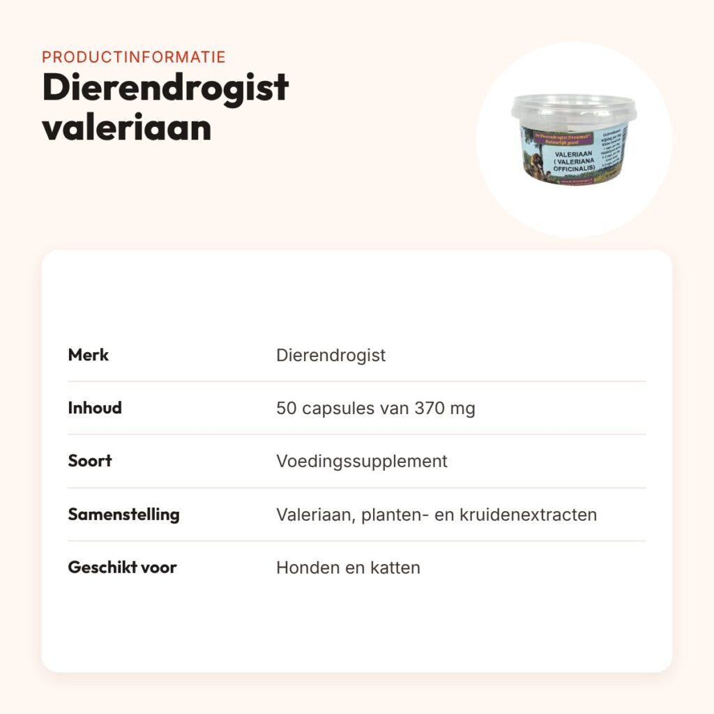 Dierendrogist valeriaan 50 capsules – ontspanning voor hond en kat – productinformatie