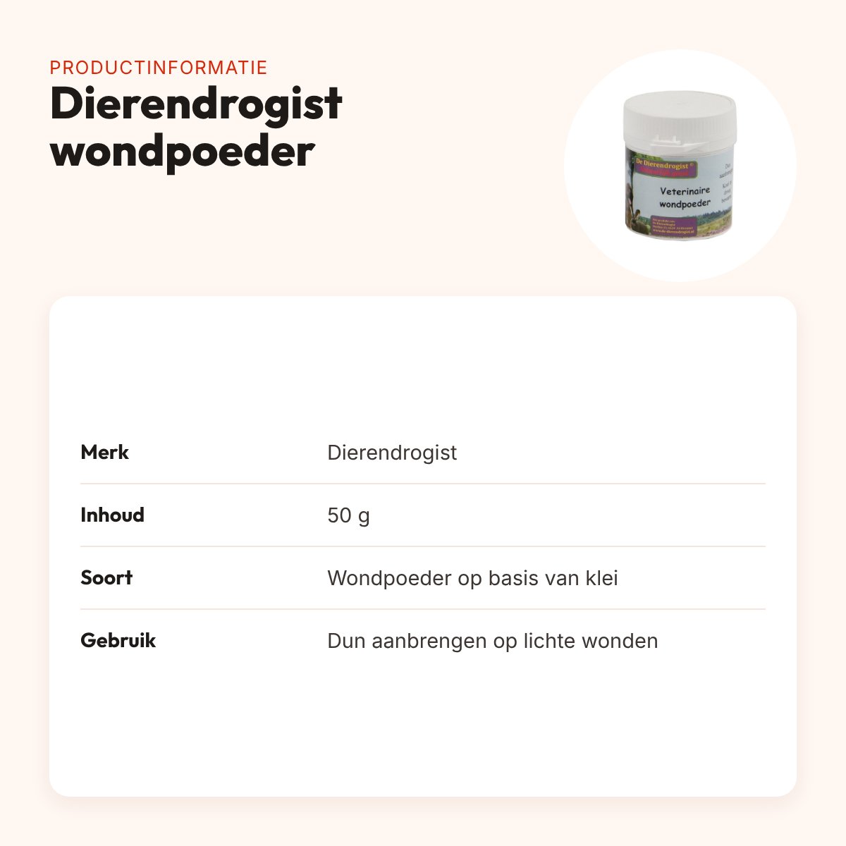 Dierendrogist veterinaire wondpoeder 50 g – op basis van klei – productinformatie