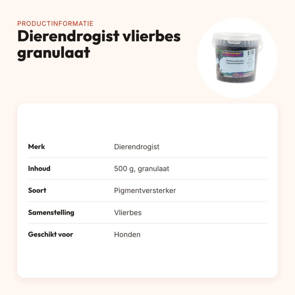 Dierendrogist vlierbes granulaat 500 g – pigmentversterker voor honden – productinformatie