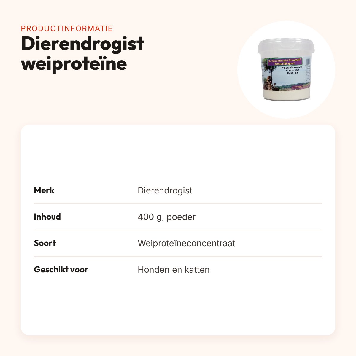 Dierendrogist weiproteïneconcentraat 400 g – supplement hond en kat – productinformatie