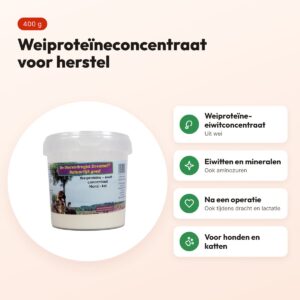 Dierendrogist weiproteïneconcentraat 400 g – supplement hond en kat – voordelen