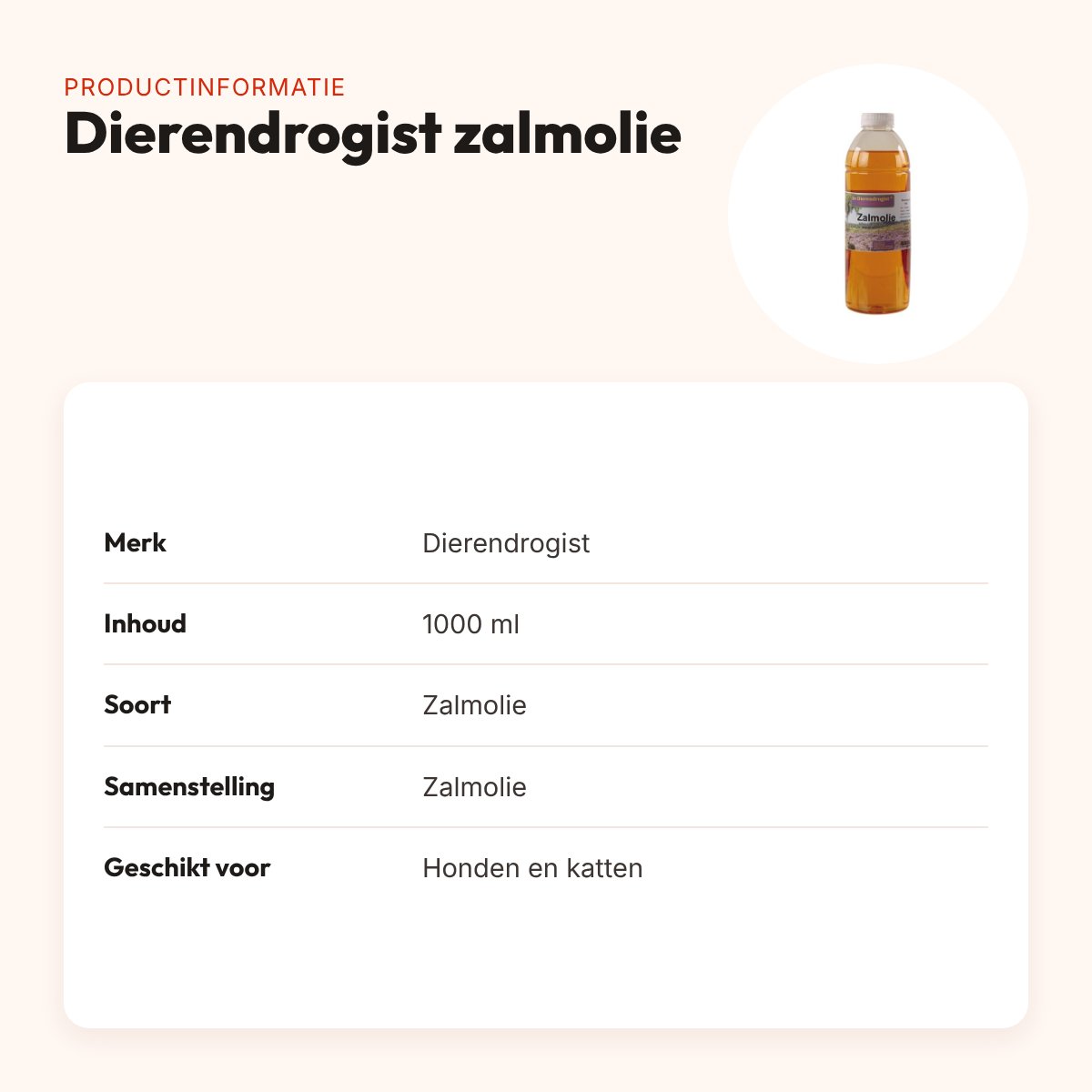 Dierendrogist zalmolie 1000 ml – voor vacht en huid van hond en kat – productinformatie