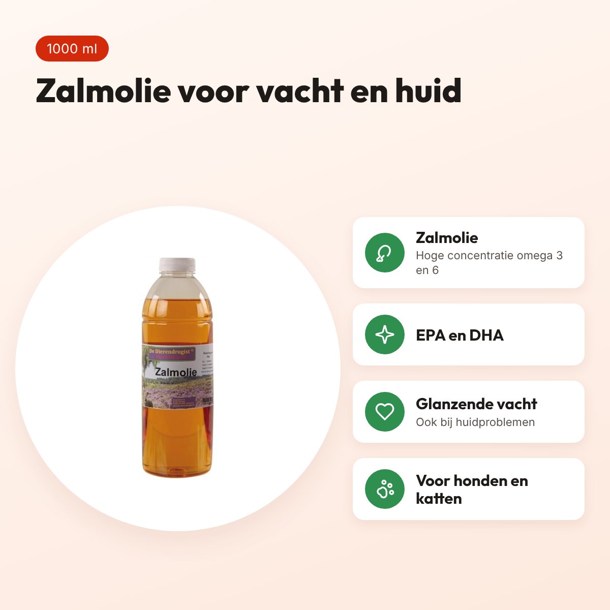 Dierendrogist zalmolie 1000 ml – voor vacht en huid van hond en kat – voordelen